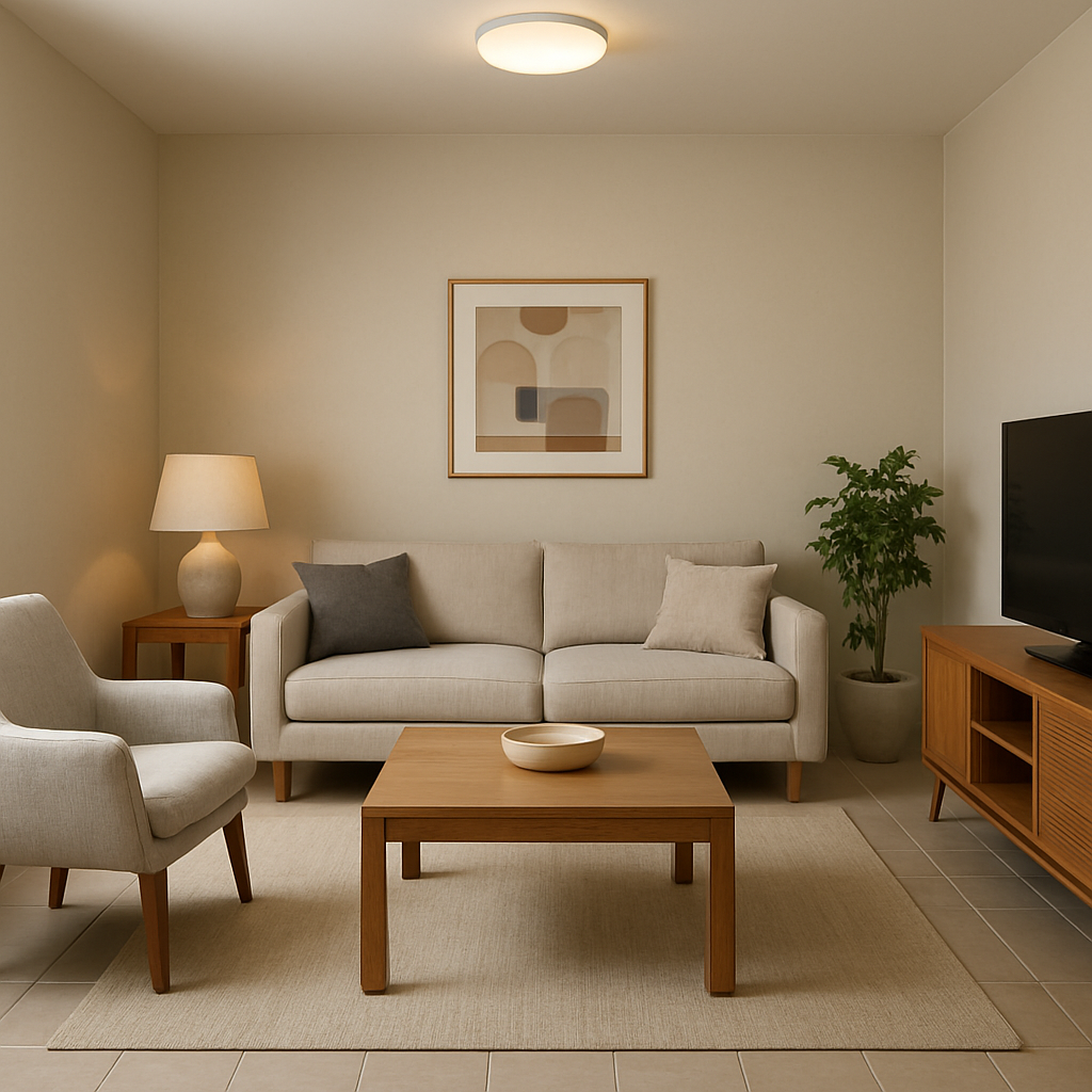 چیدمان پذیرایی مربع بدون پنجره