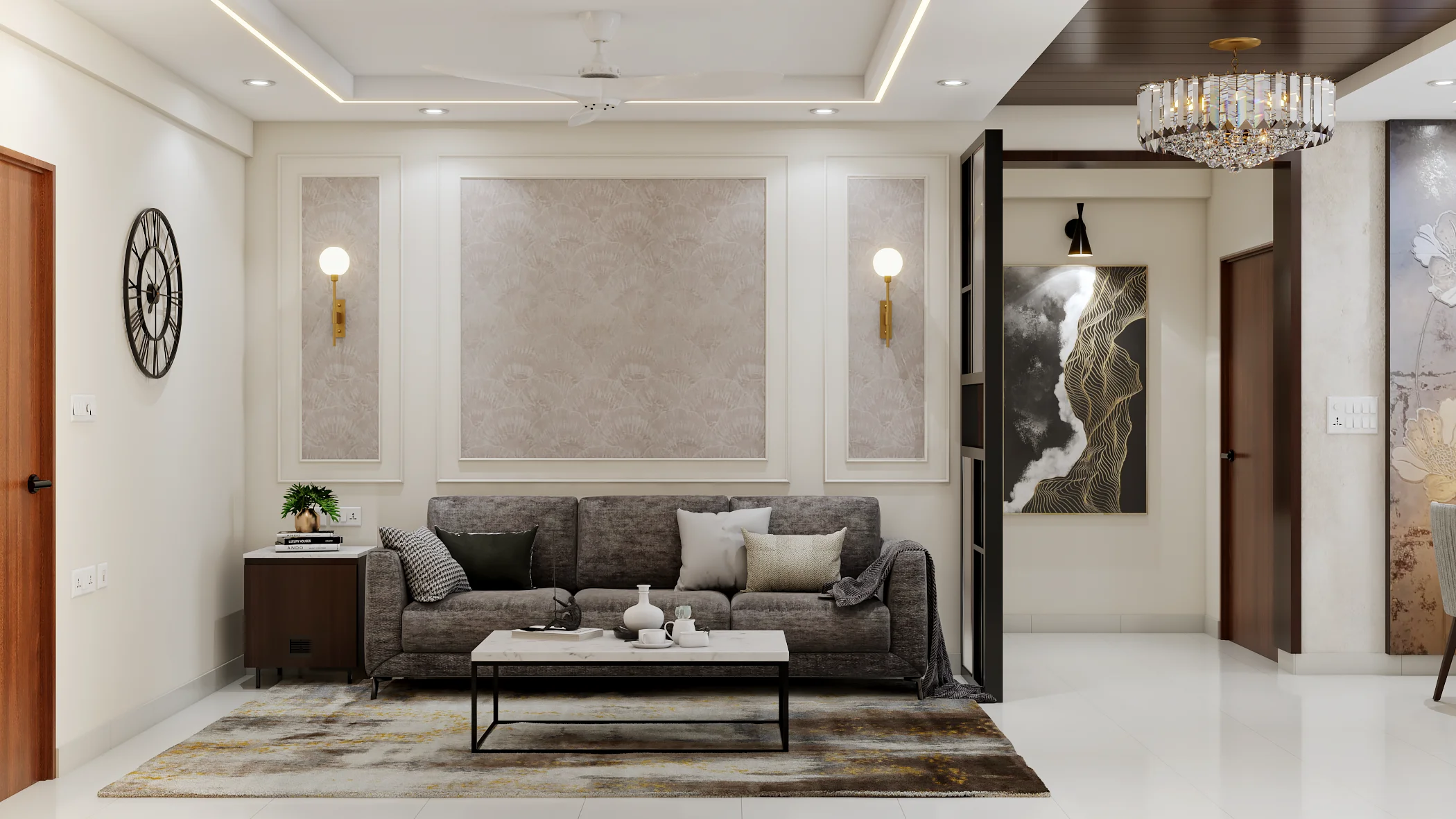 چیدمان پذیرایی مربع بدون پنجره